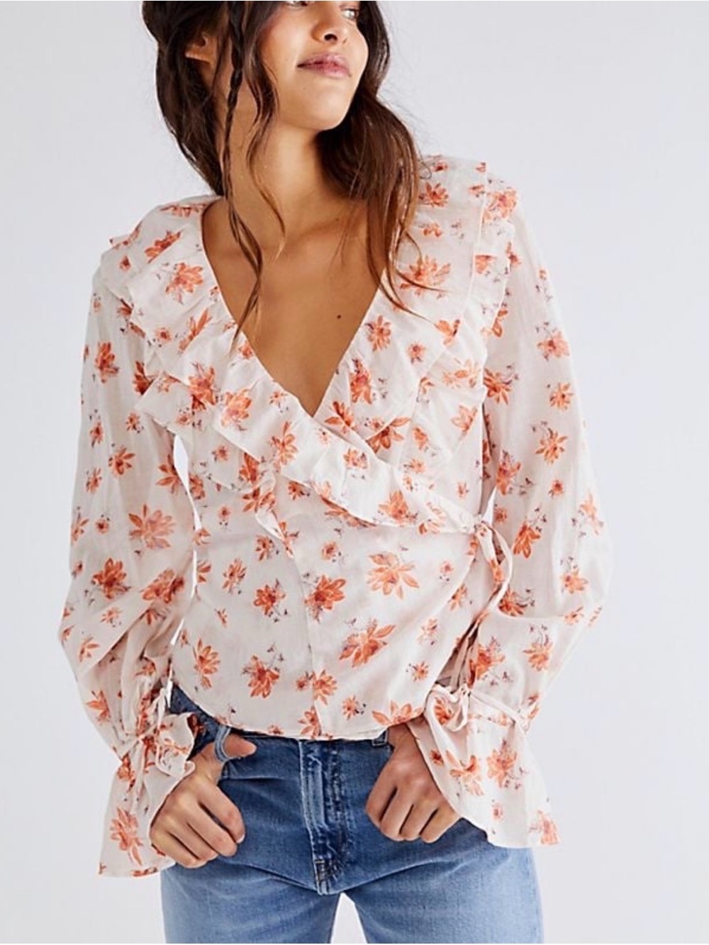 Free People Amanda Ruffle Ivory Combo Floral Wrap-Front Top M